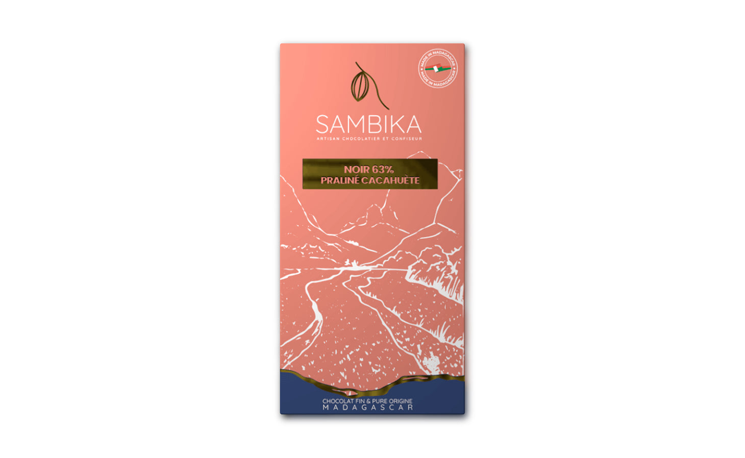 Tablette de chocolat noir 63% praliné cacahuete de la marque Sambika